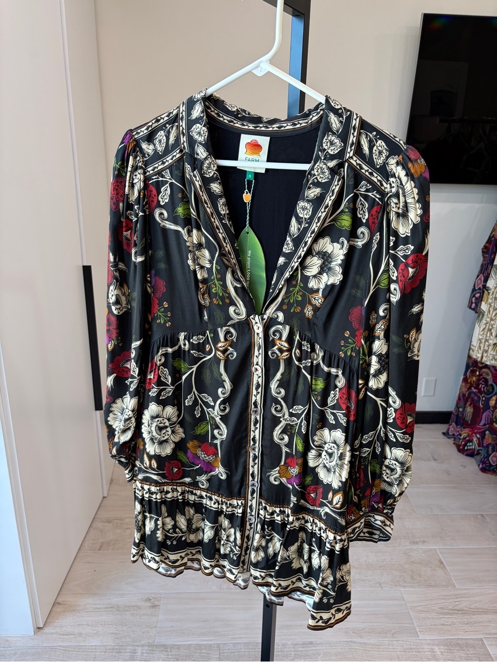 Farm Rio: Black Rococo Flowers Mini Dress - Picture 8 of 11